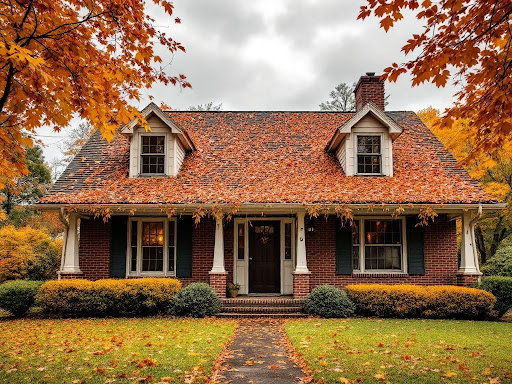 Autumn leaves clogging the gutters of a Nashville home with colorful trees in the background